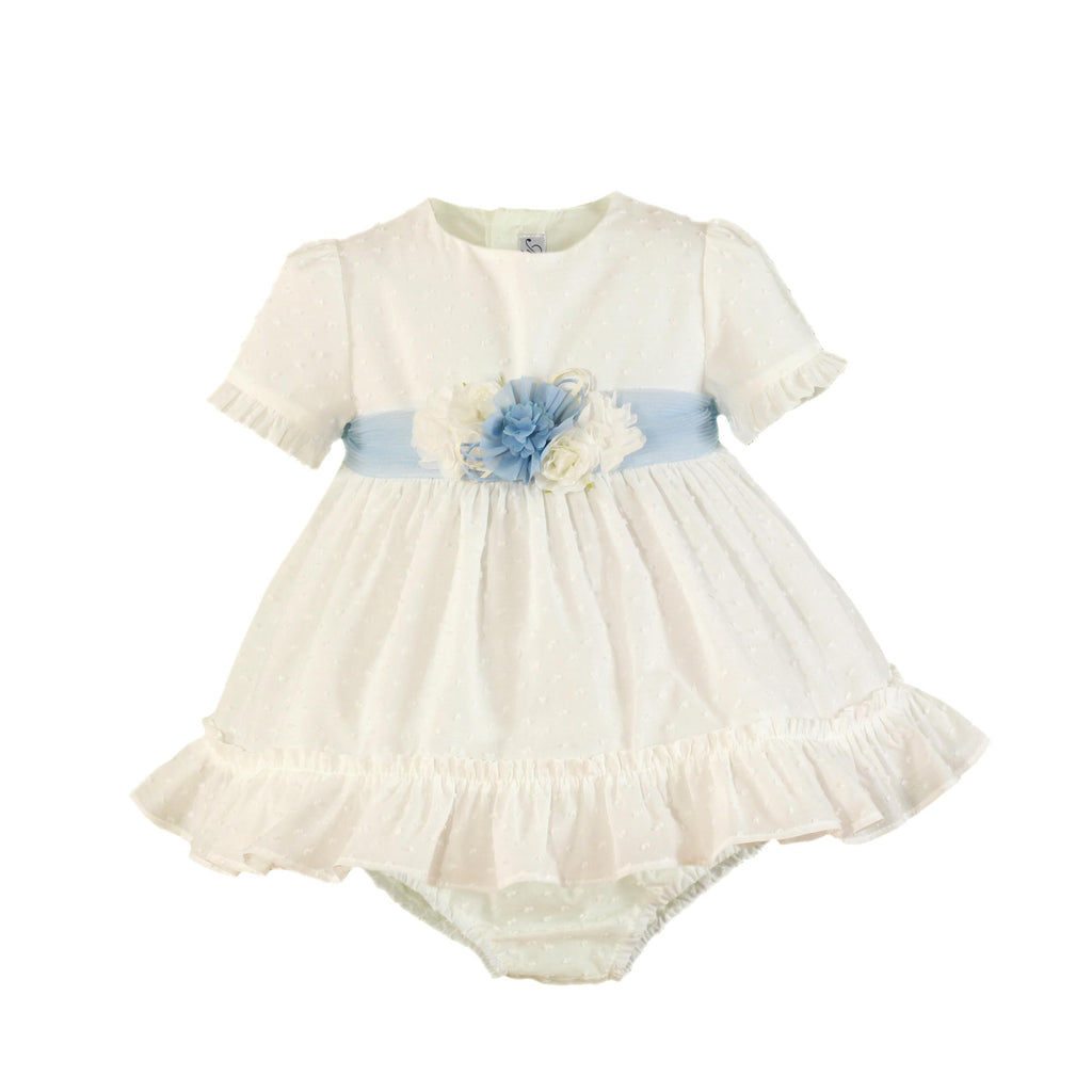 SS23 MIRANDA Cream & Blue Baby Girls Dress & Knickers - 124VB