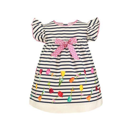 MIRANDA Navy & White Stripe Baby Girls Tulip Print Dress - NON RETURNABLE