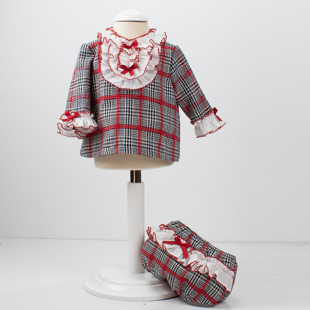 Loan Bor Red & Black Baby Girls Dress with Bonnet & Bloomers