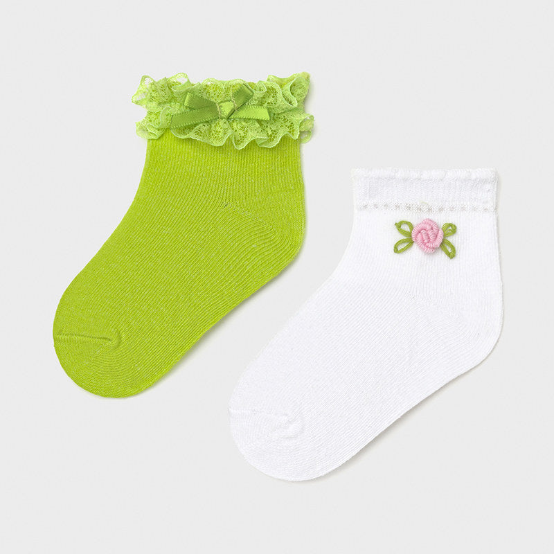 Mayoral Girls Pistachio Green Lace Bow and White Floral Ankle Socks Two Pack