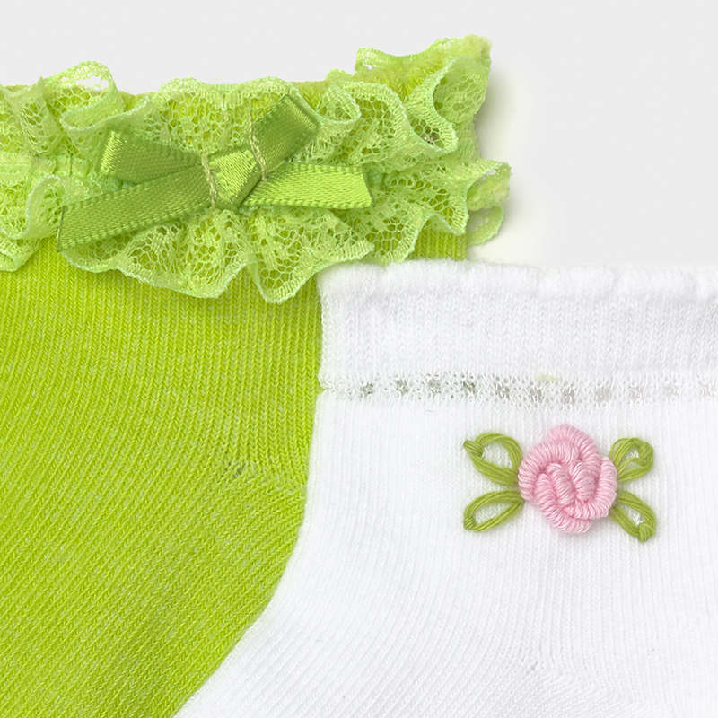 Mayoral Girls Pistachio Green Lace Bow and White Floral Ankle Socks Two Pack - Close Up