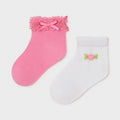 Mayoral Mini Girls Camelia Pink Lace Bow and White Floral Ankle Socks Two Pack