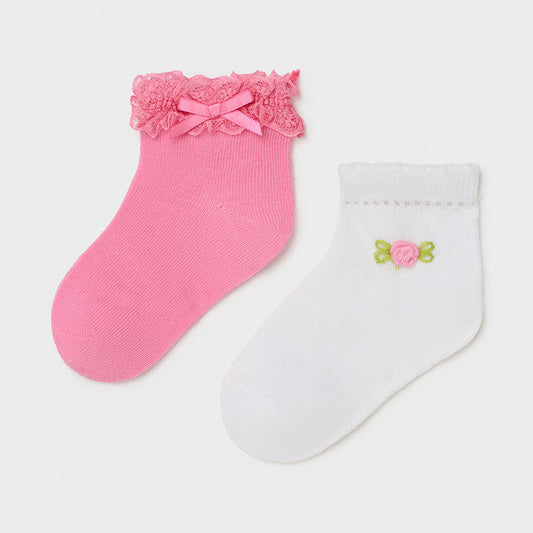 Mayoral Mini Girls Camelia Pink Lace Bow and White Floral Ankle Socks Two Pack