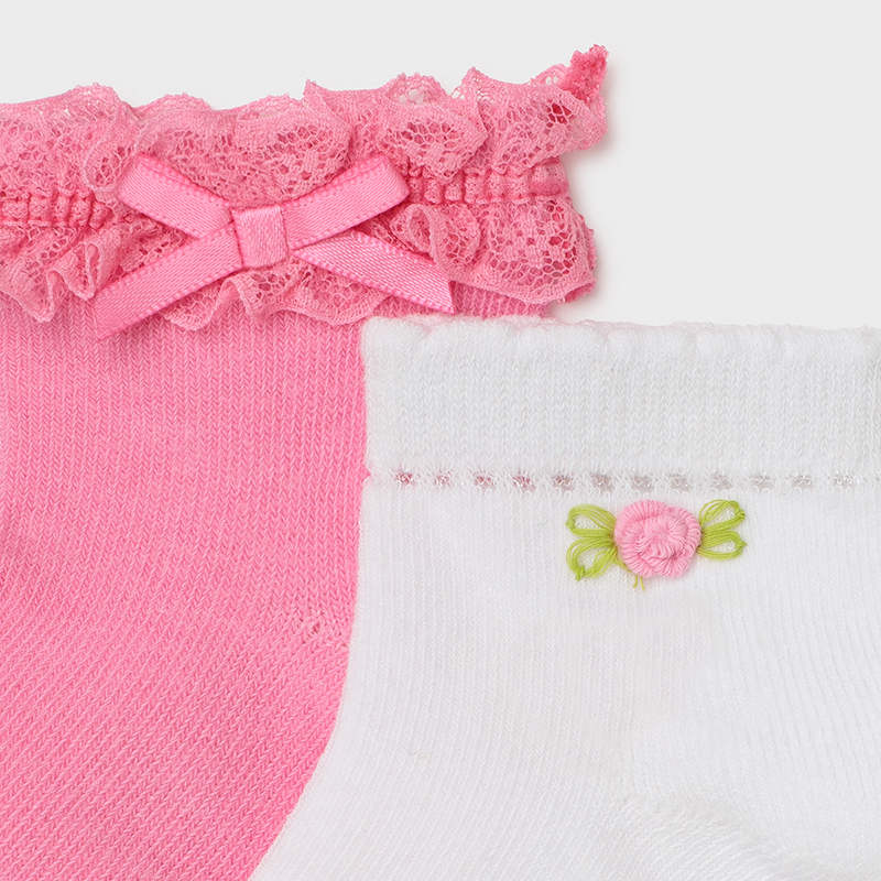Mayoral Mini Girls Camelia Pink Lace Bow and White Floral Ankle Socks Two Pack