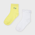 Mayoral Girls Lemon Yellow Embroidered and White Frill Ankle Socks Two Pack