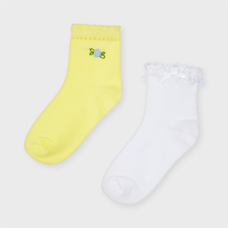 Mayoral Girls Lemon Yellow Embroidered and White Frill Ankle Socks Two Pack