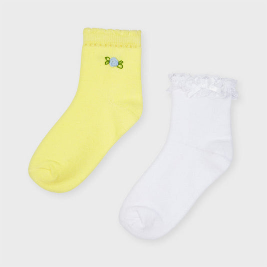 Mayoral Girls Lemon Yellow Embroidered and White Frill Ankle Socks Two Pack