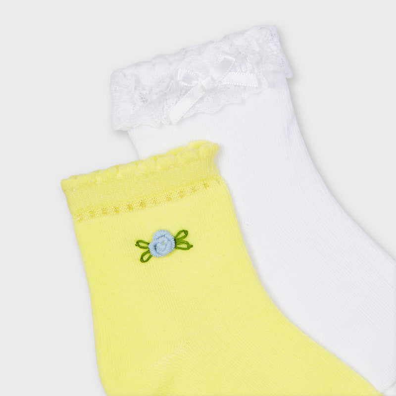 Mayoral Girls Lemon Yellow Embroidered and White Frill Ankle Socks Two Pack - close up