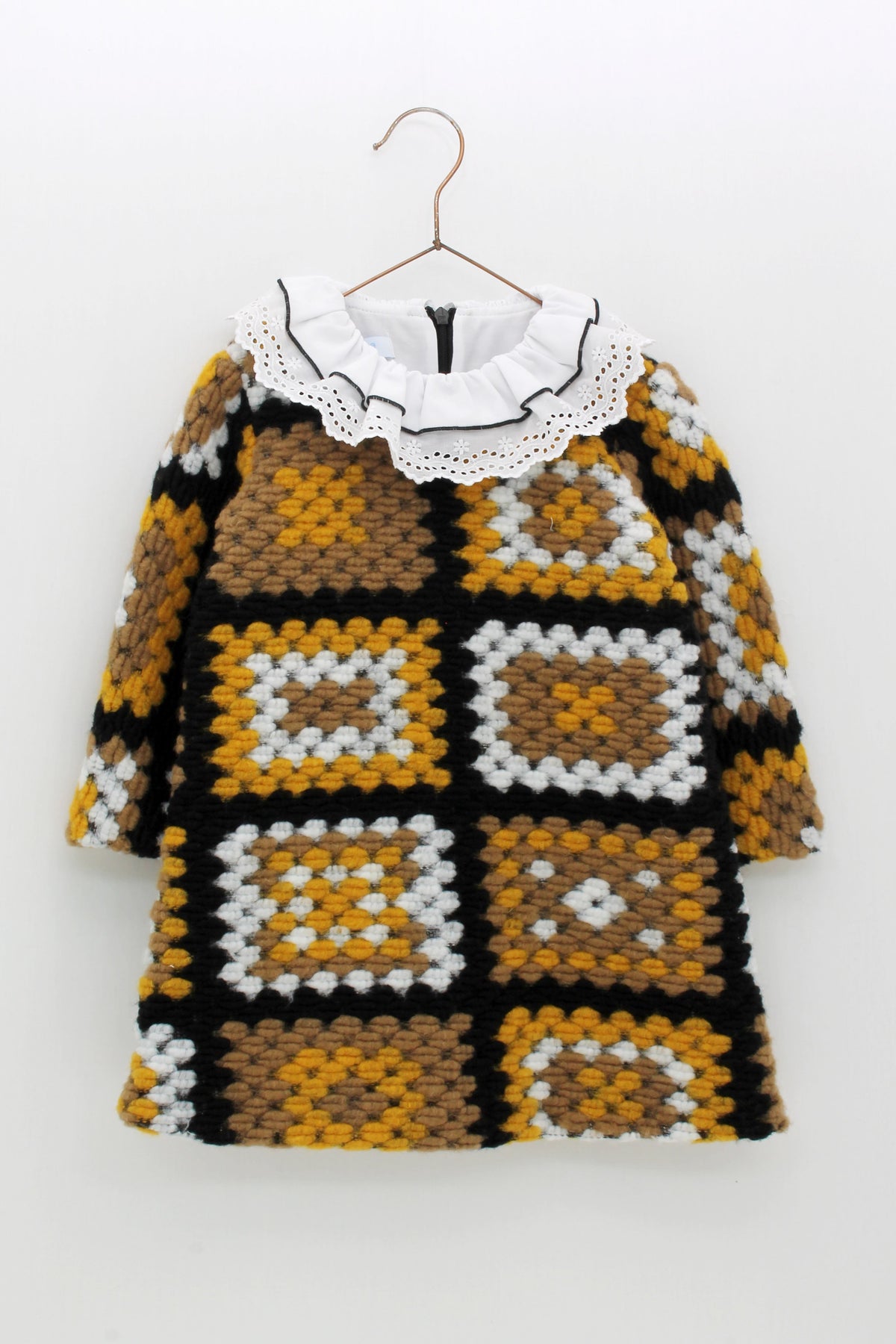 FOQUE Mustard & Black Girls A-Line Crochet Dress - front 
