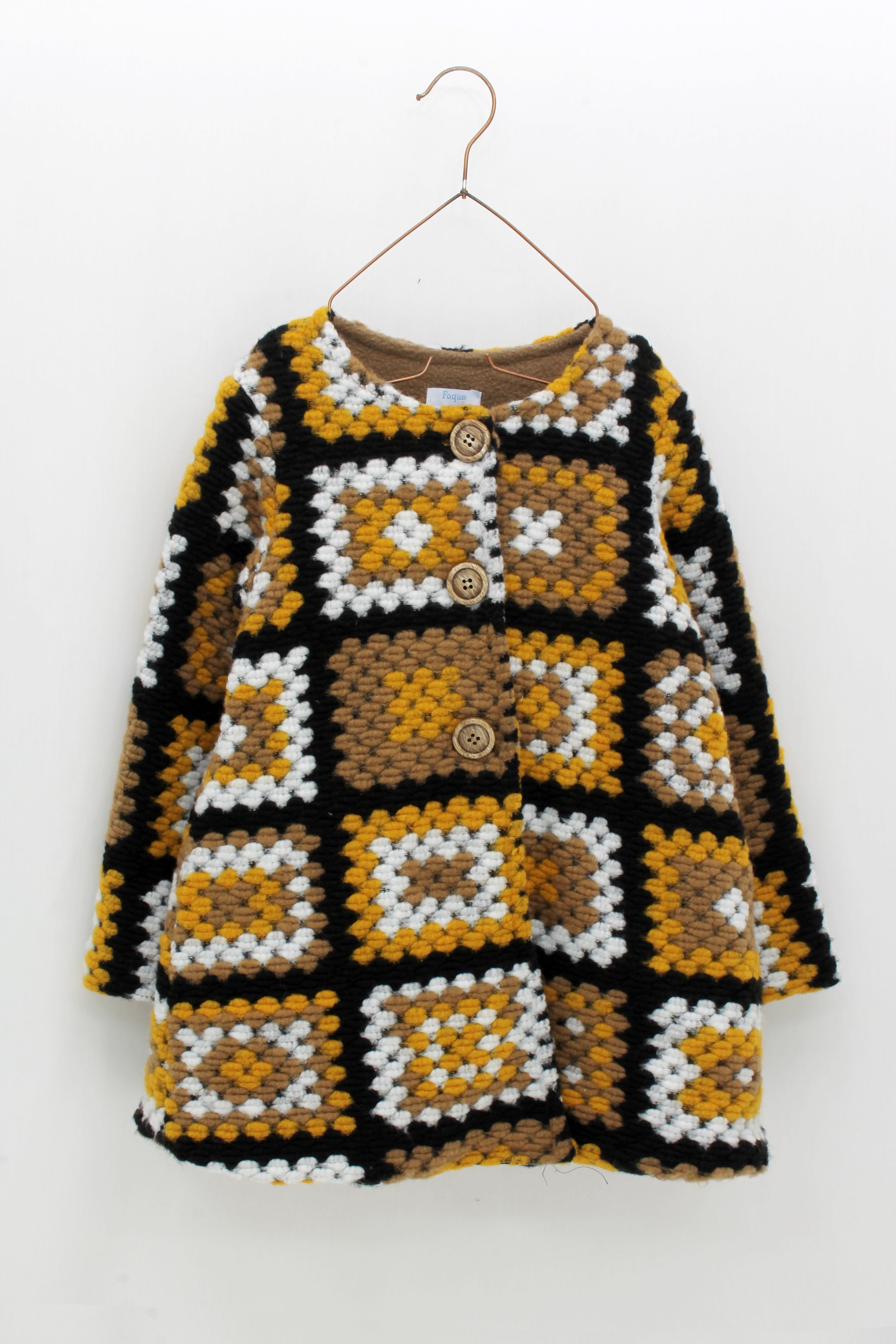 FOQUE Mustard & Black Girls Crochet Coat
