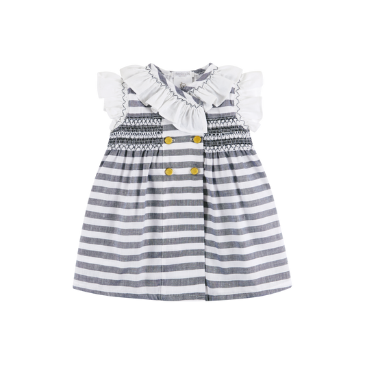 SS23 DEOLINDA Riviera Baby Girls Navy & White Smocked Dress - 23411