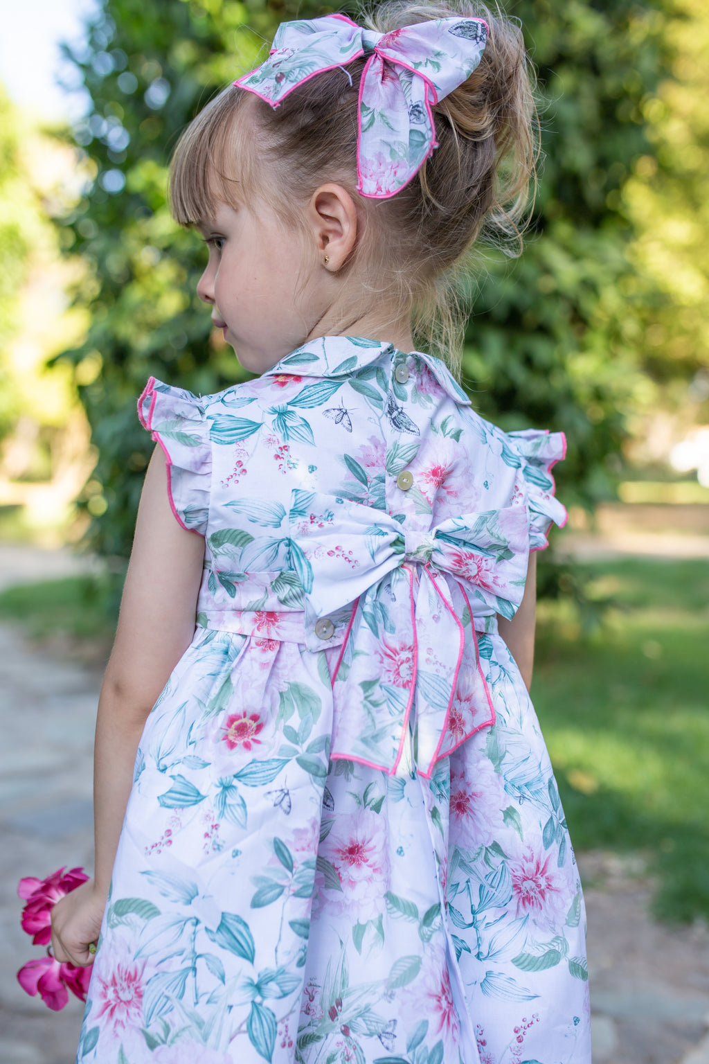 SS23 NAXOS Hibisco Baby Girls Pink & Green Floral Smocked Dress - 7135