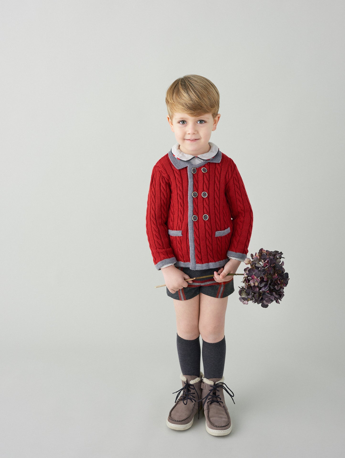 FOQUE Red & Grey Baby Boys Cable Knit Jacket - 1552