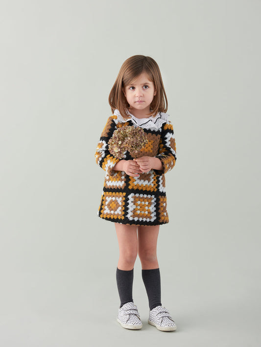 AW22 FOQUE Mustard & Black Crochet Girls A-Line Dress - 5586