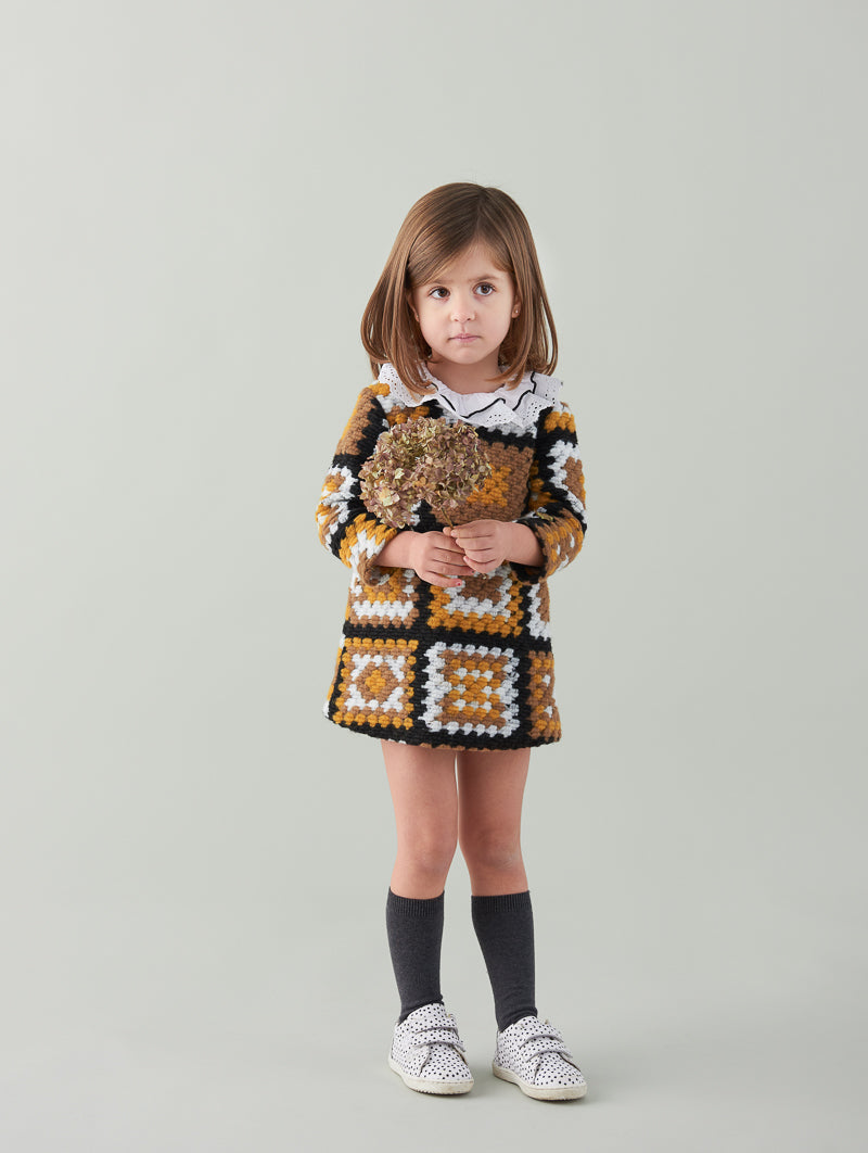 FOQUE Mustard & Black Girls A-Line Crochet Dress
