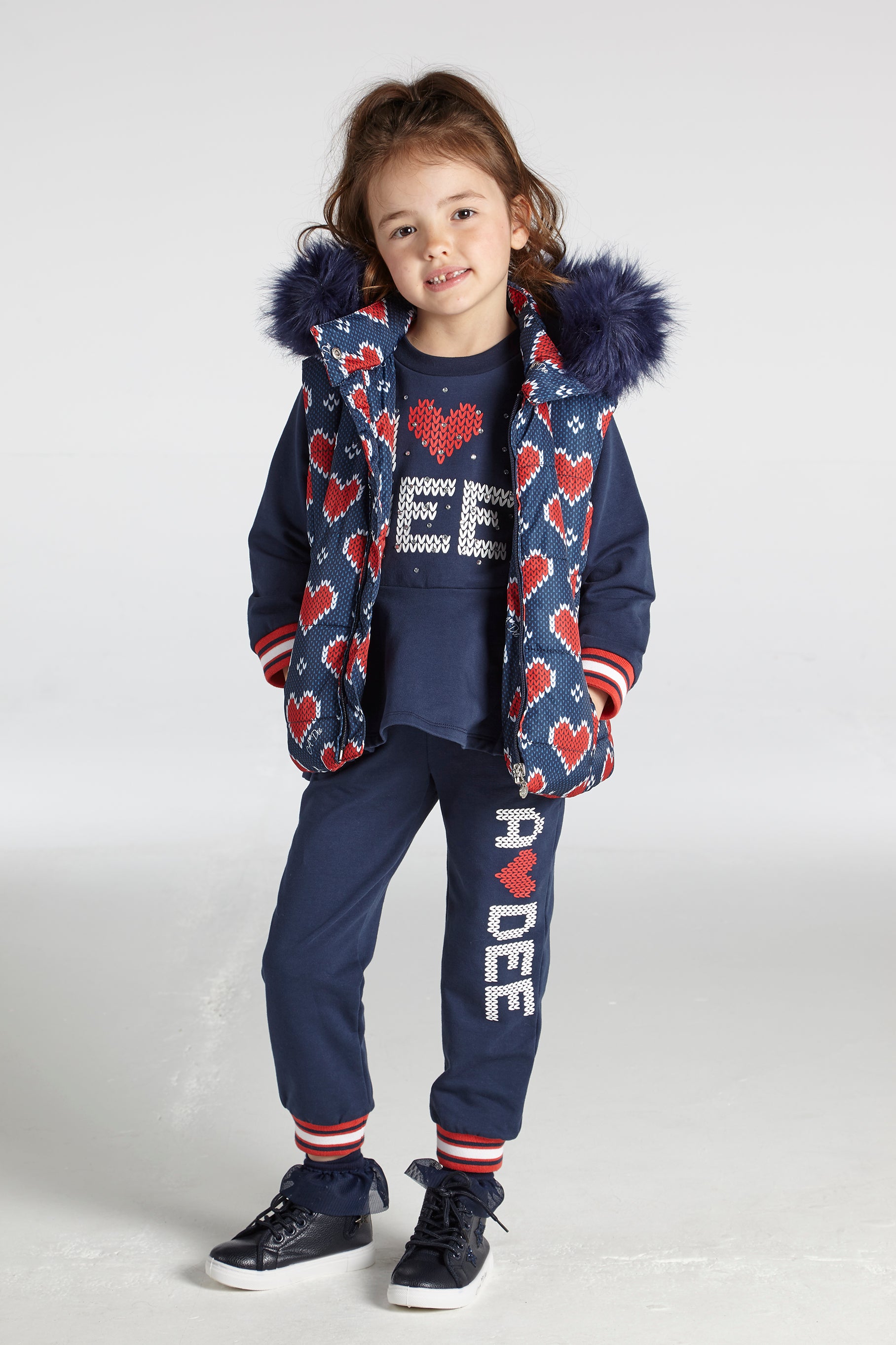 AW21 A DEE Girls Rose Navy & Red Heart Print Gilet