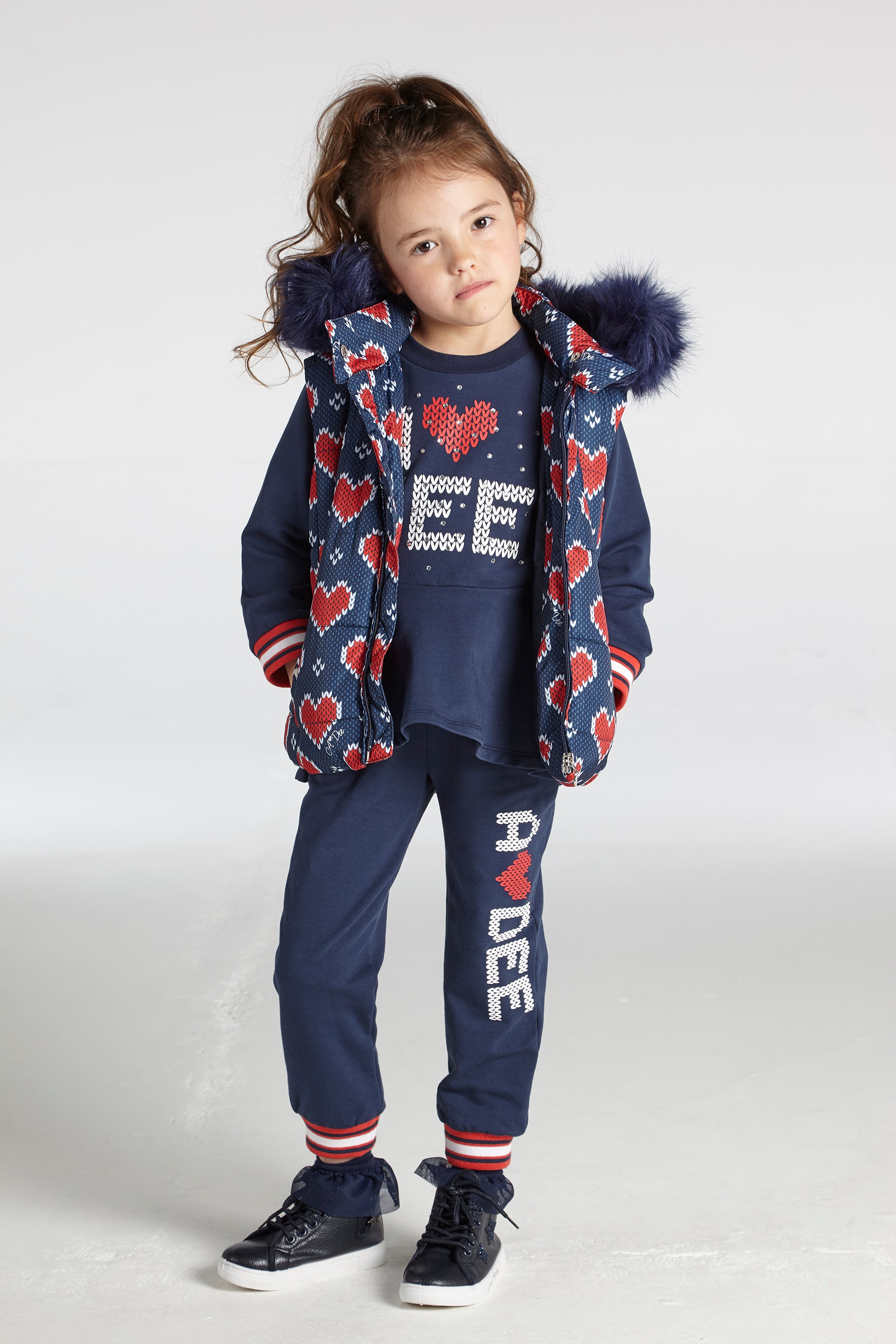 AW21 A DEE Girls Rose Navy & Red Heart Print Gilet