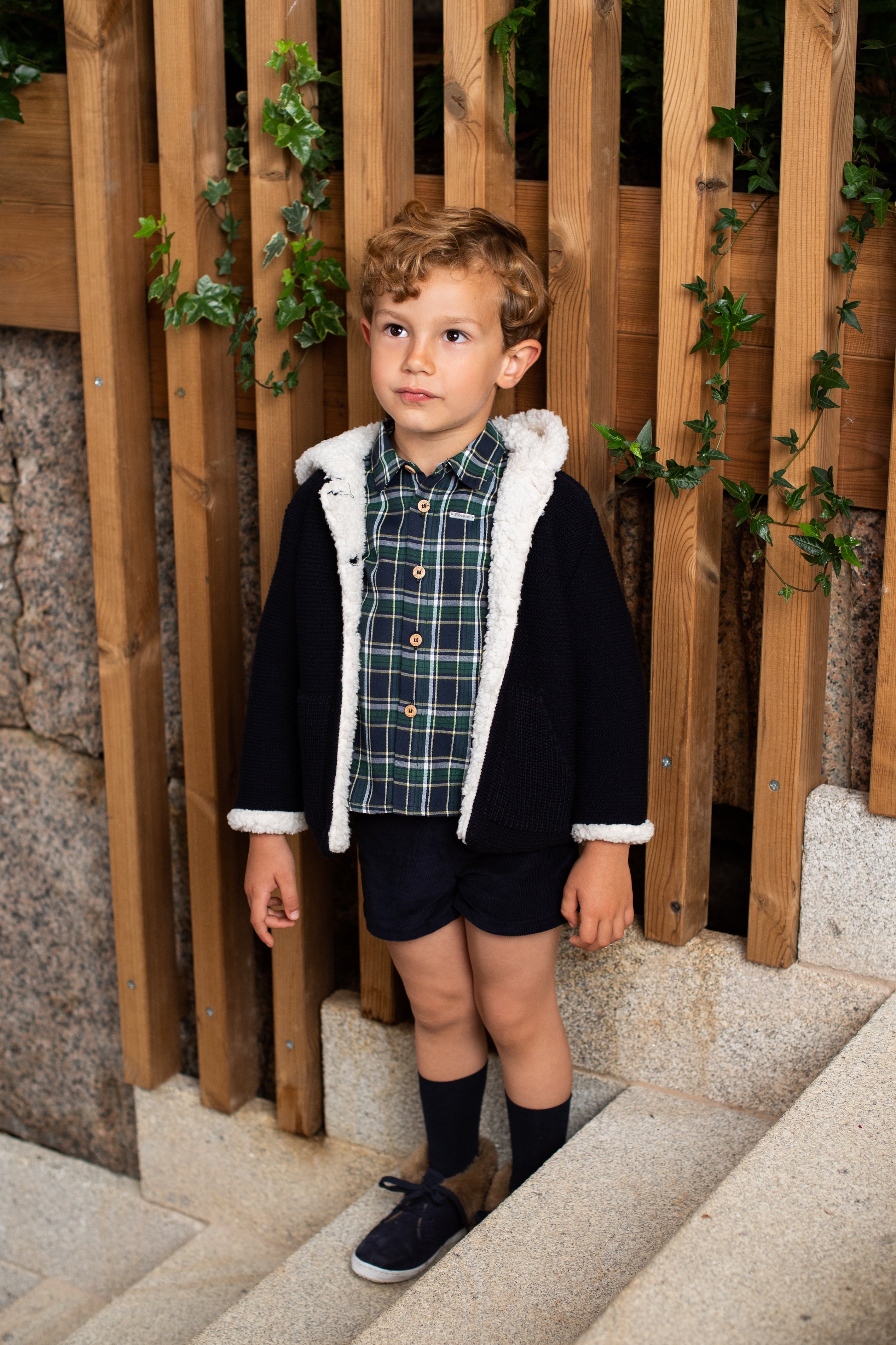 FOQUE Navy Tartan Boys Short Set 5546