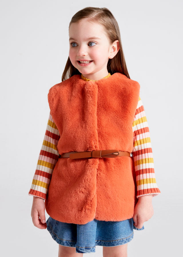 MAYORAL Girls Orange Faux Fur Gilet with Belt 