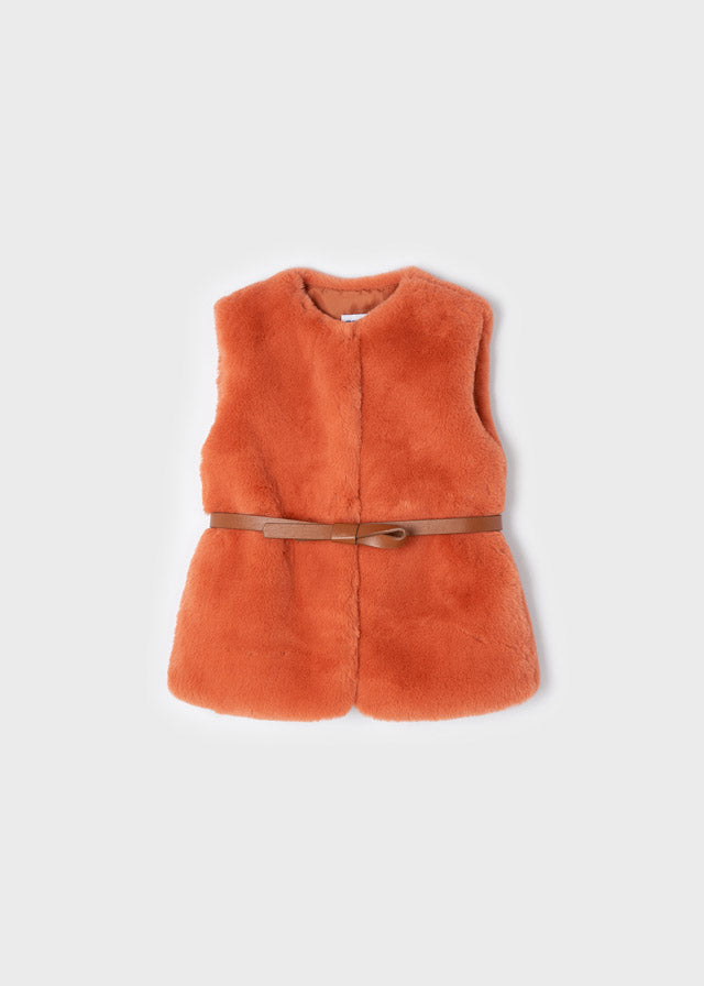 MAYORAL Girls Orange Faux Fur Gilet with Belt 
