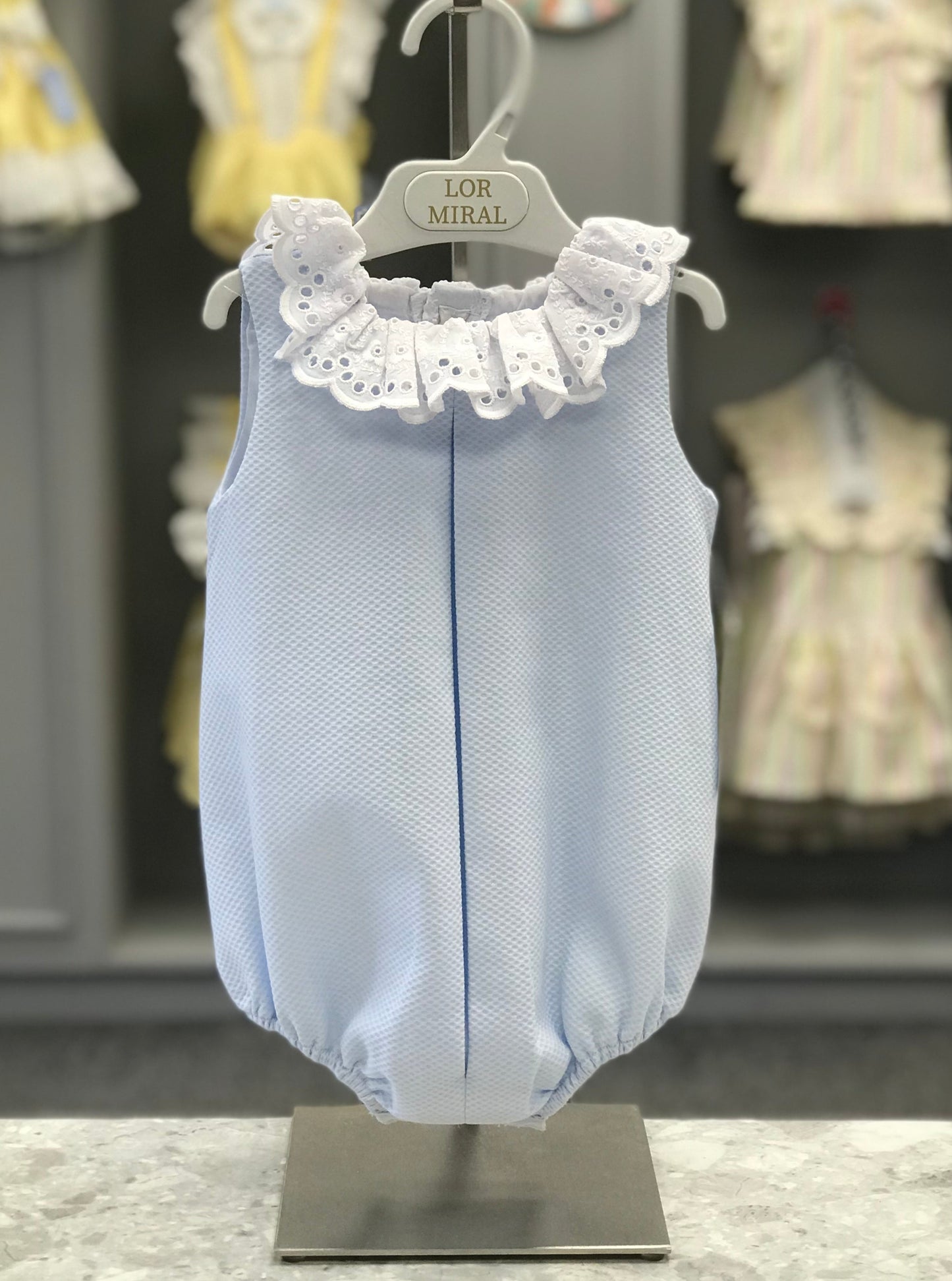 SS23 LOR MIRAL Lottie Blue Baby Girls Romper with Broderie Anglaise Collar - 31120
