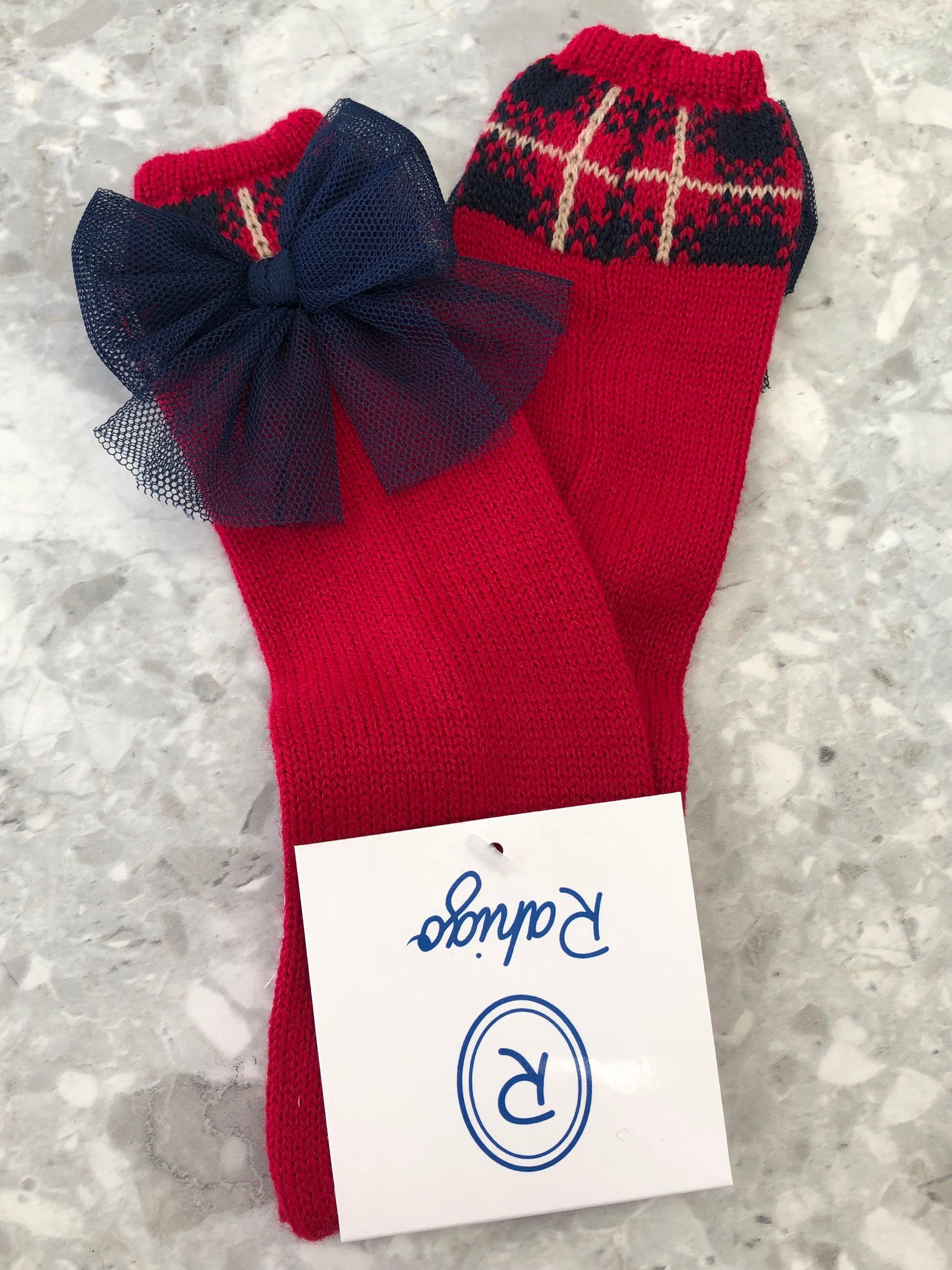 AW21 RAHIGO Red & Navy Girls Tulle Bow Socks - 21239