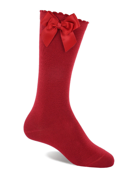red knee-high socks for girls with double satin bows by JC Castella