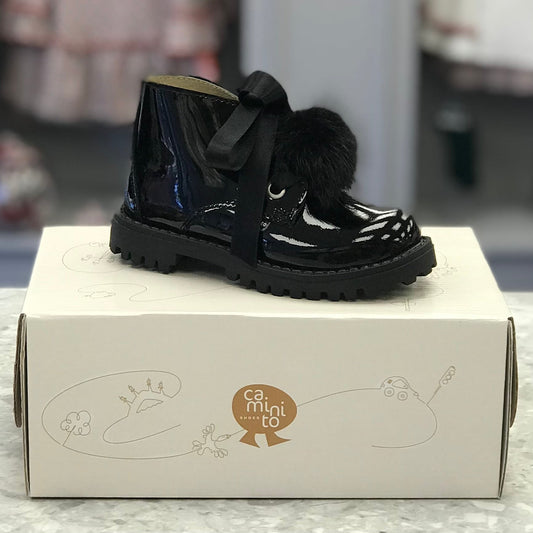 CAMINITO Black Patent Leather Pom Pom Boots