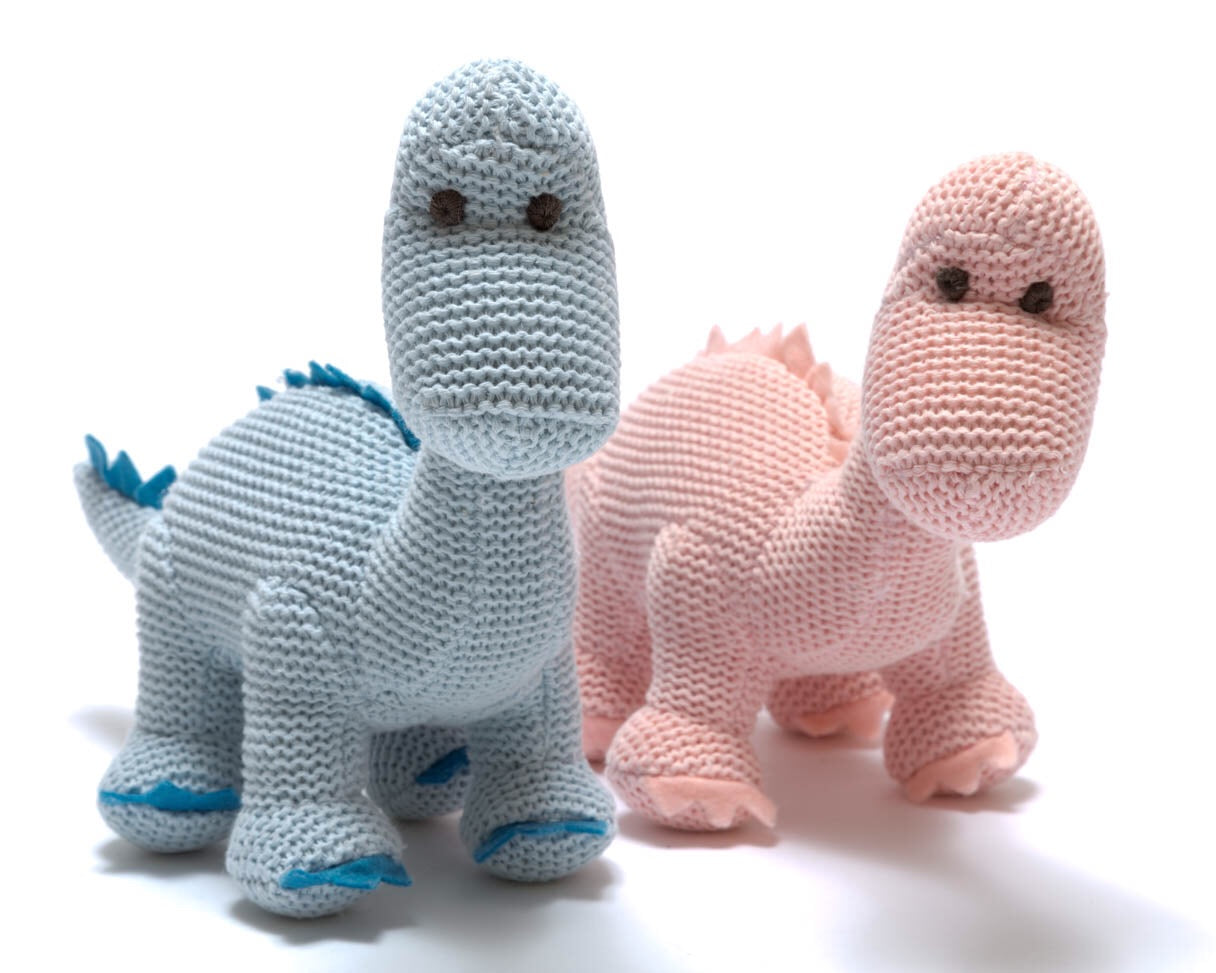 BEST YEARS Knitted Organic Cotton Diplodocus Baby Rattle - Pink