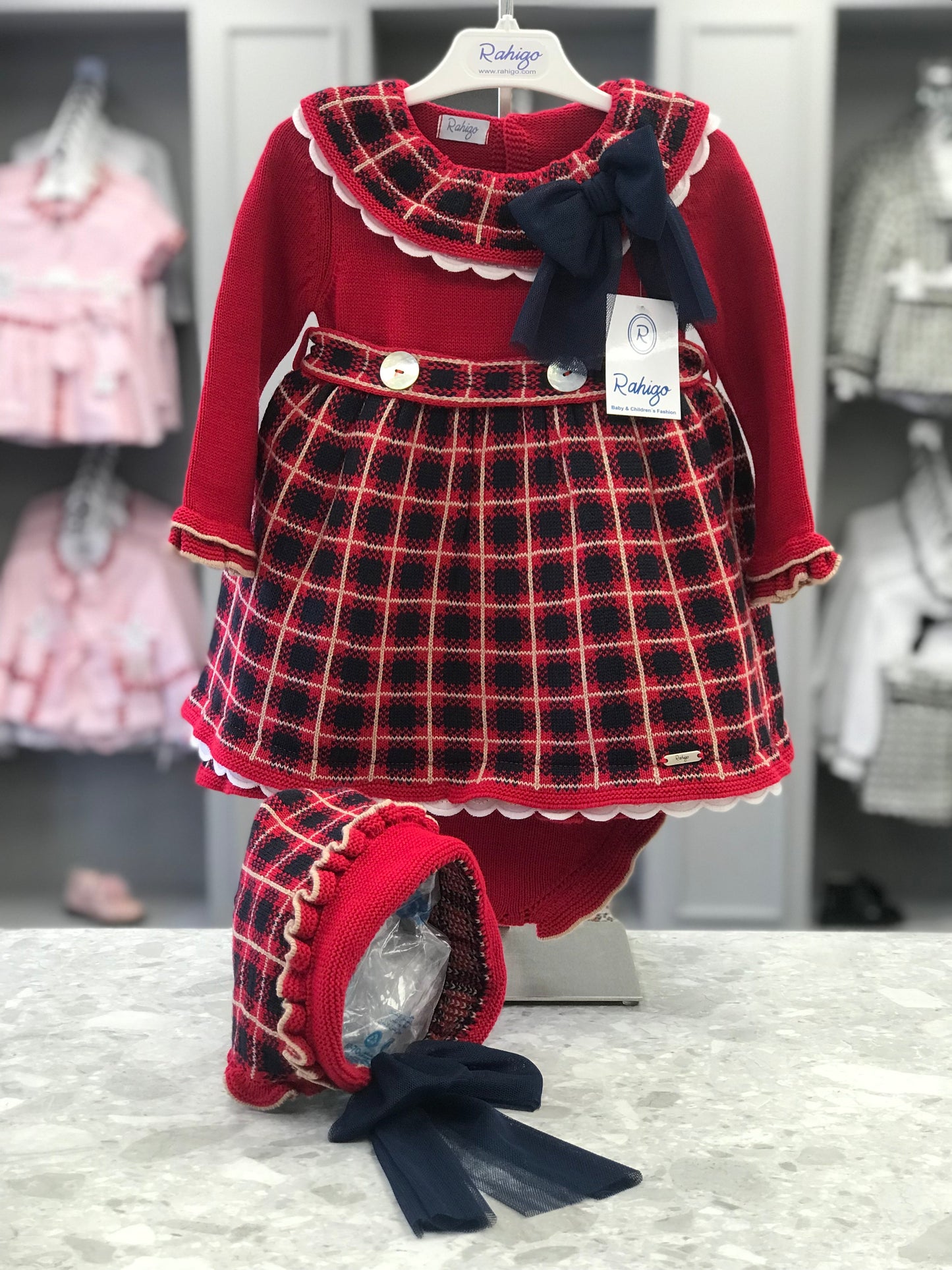 AW21 RAHIGO Red & Navy Baby Girls Knitted Dress with Bonnet & Bloomers - 21232/8