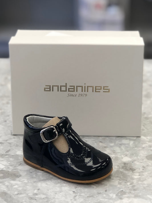 ANDANINES Navy Baby Boys Patent Leather T-Bar Shoe