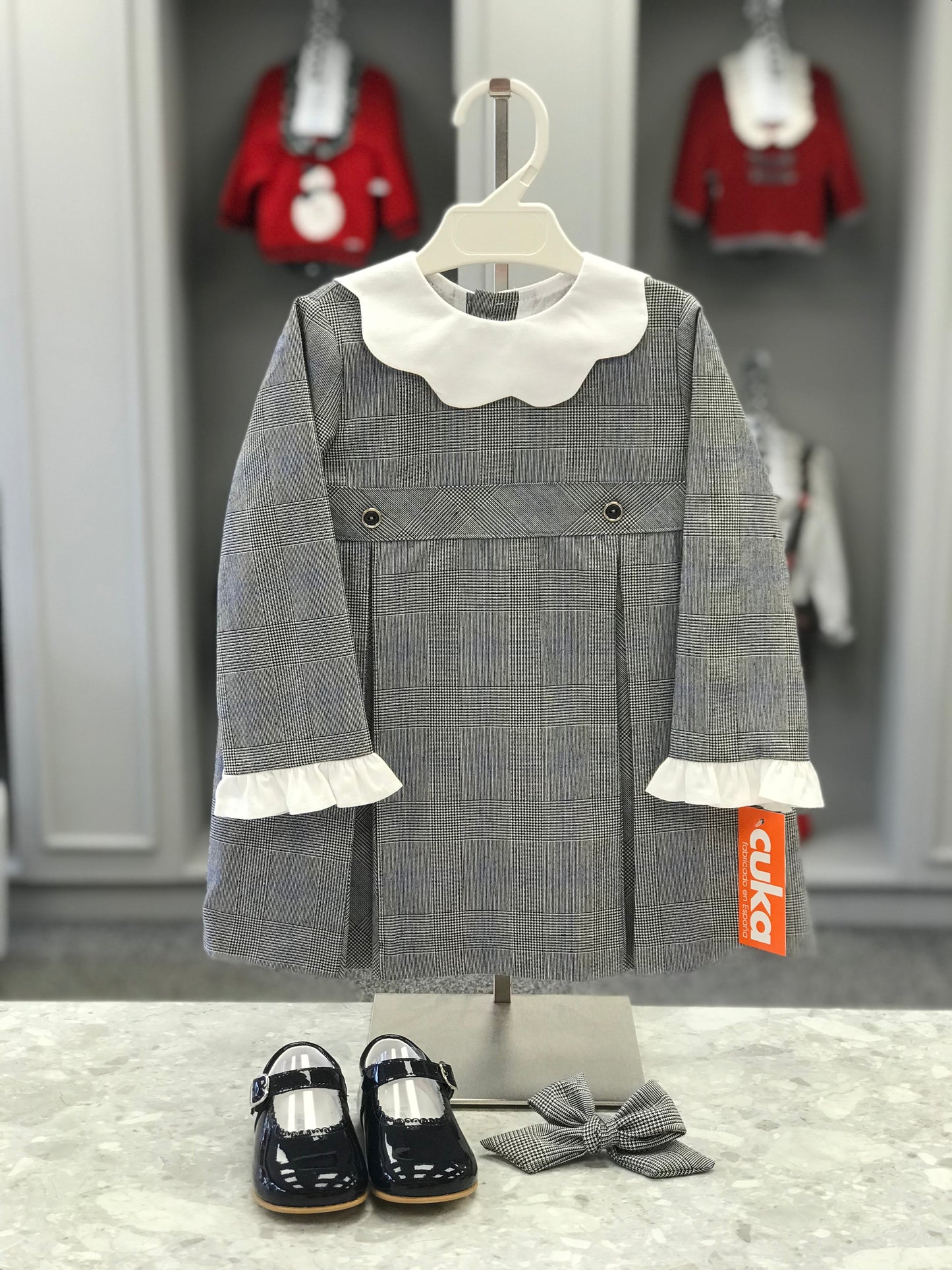 AW22 CUKA Prince of Wales Check Baby Girls Dress with Scallop Collar