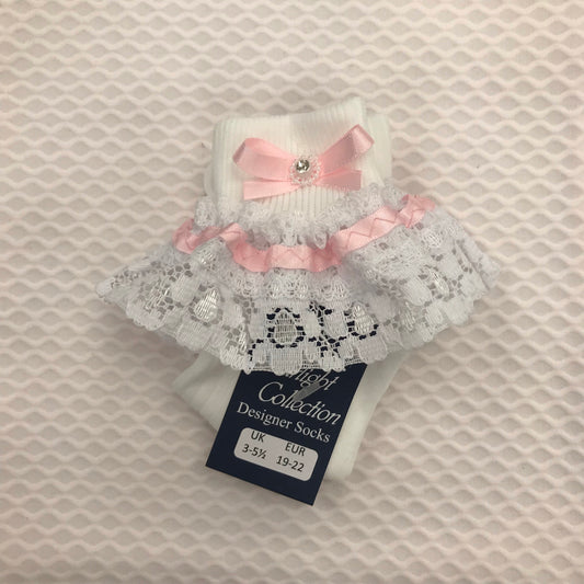 STARLIGHT Belle White & Pink Lace Frill Socks