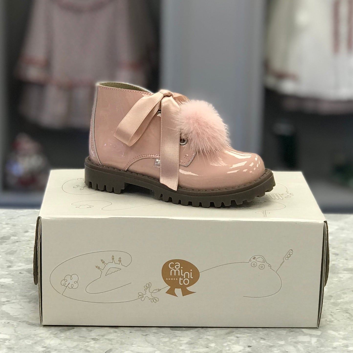 CAMINITO Pink Patent Leather Pom Pom Boots