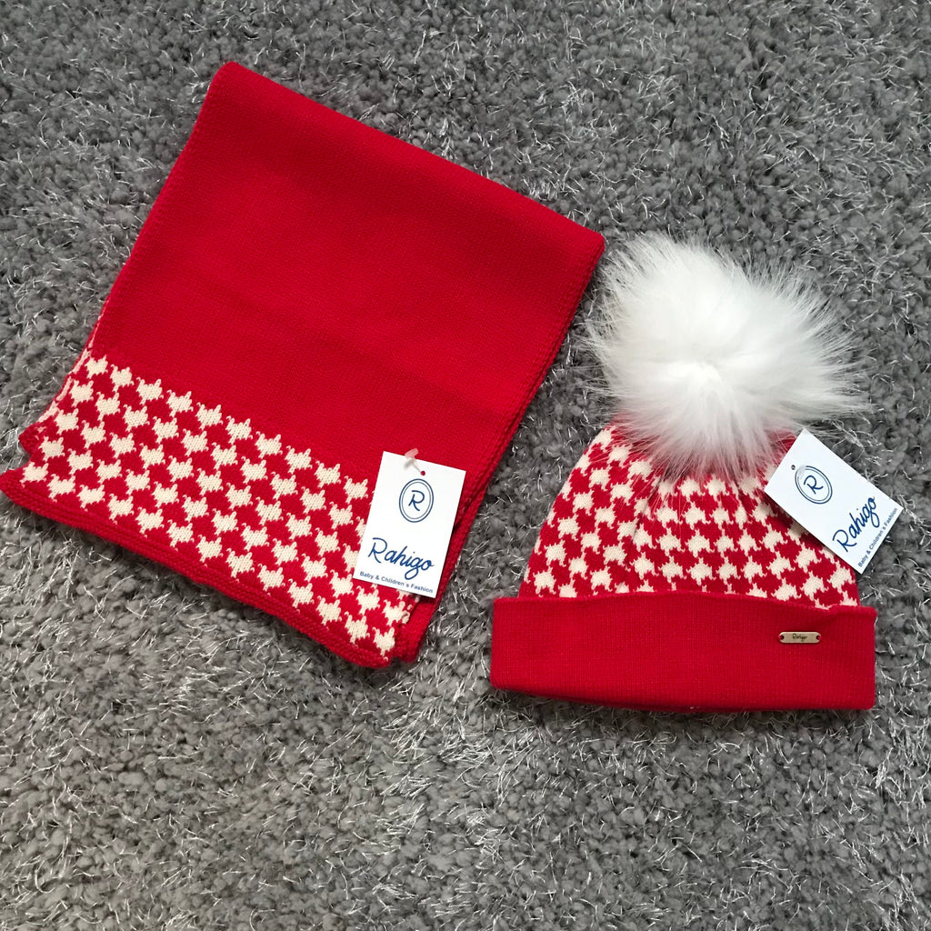 Rahigo Red & Cream Hat & Scarf Set with Fur Pom Pom