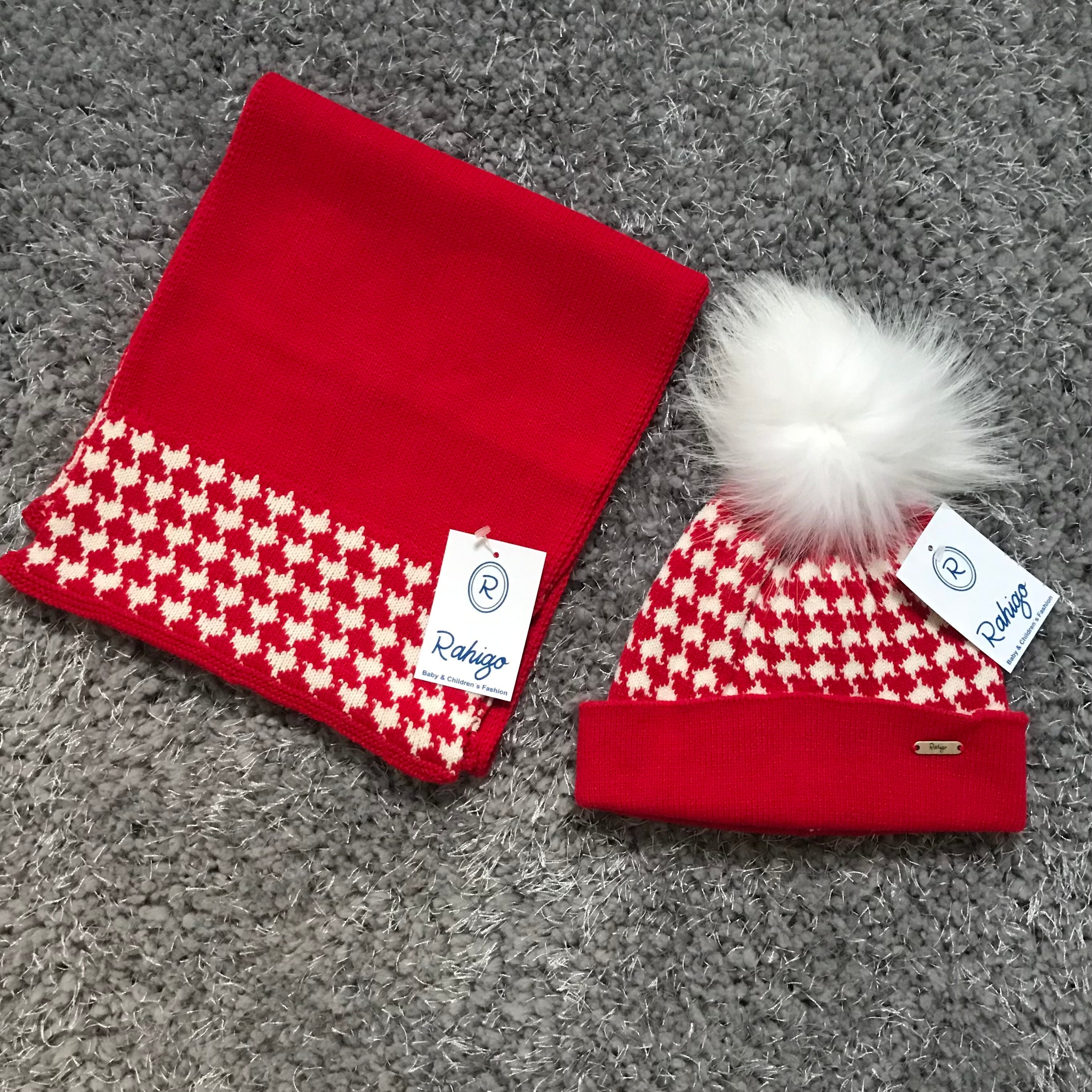 Rahigo Red & Cream Hat & Scarf Set with Fur Pom Pom