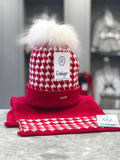Rahigo Red & Cream Hat & Scarf Set with Fur Pom Pom