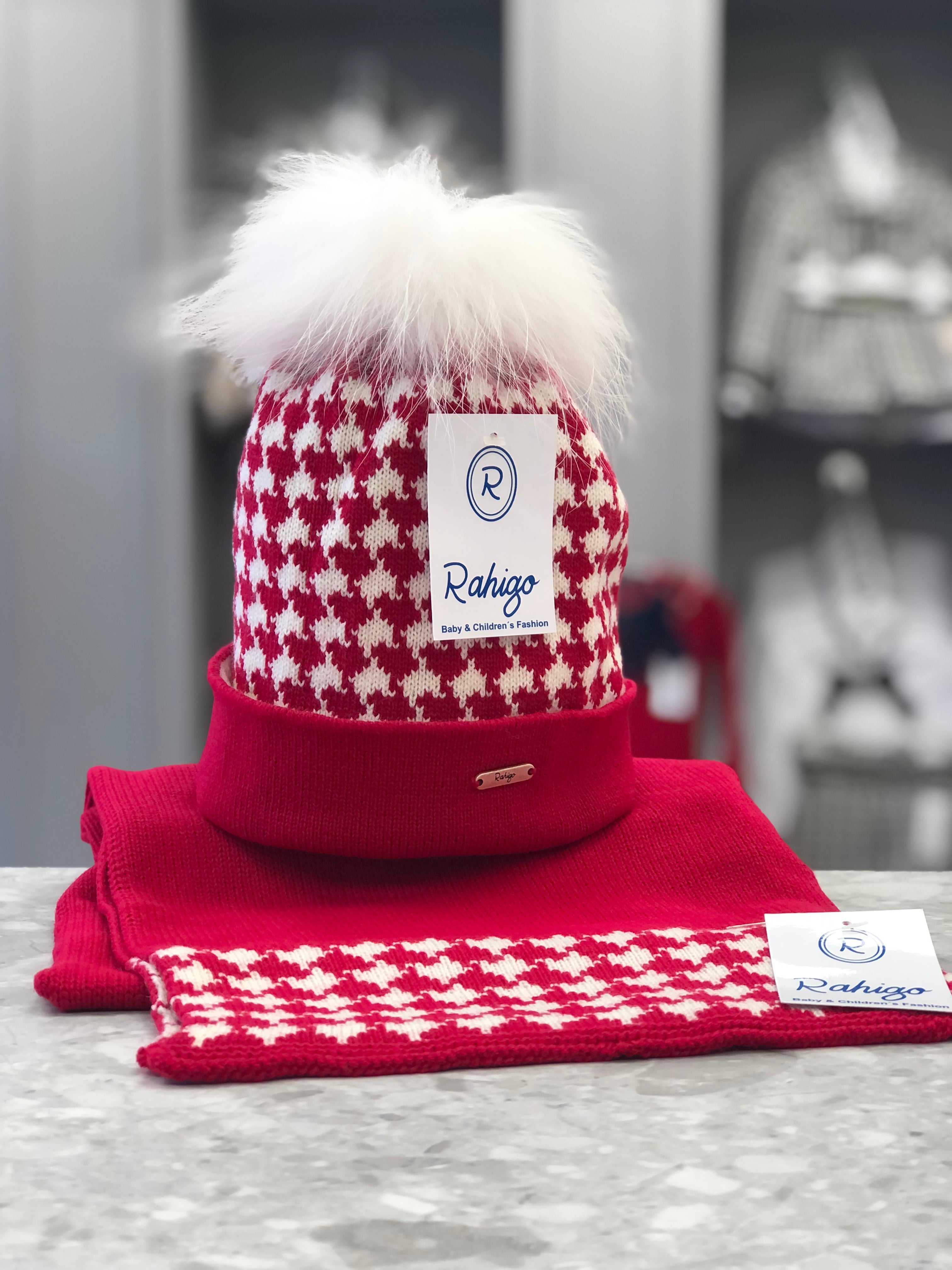 Rahigo Red & Cream Hat & Scarf Set with Fur Pom Pom