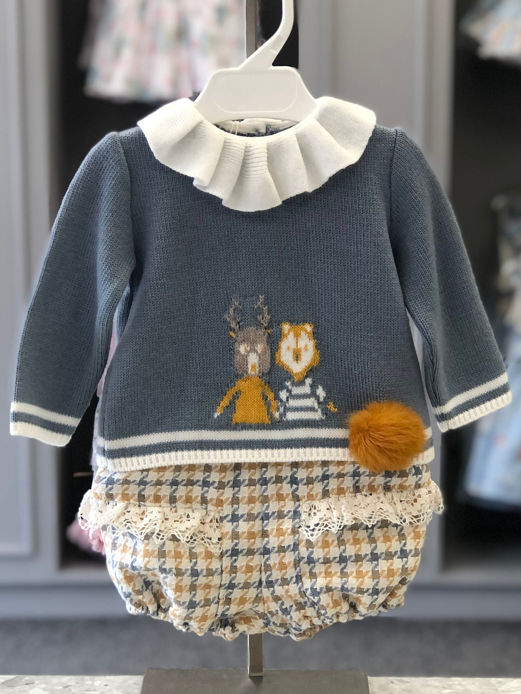 FOQUE Blue & Mustard Houndstooth Baby Girls Jam Pant Set