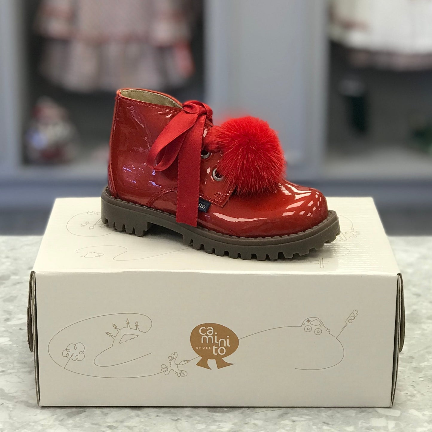 CAMINITO Red Patent Leather Pom Pom Boots
