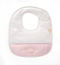 Baby Gi Crown pink and white cotton baby bib with embroidered crown motif and press stud fastening, made in Portugal.