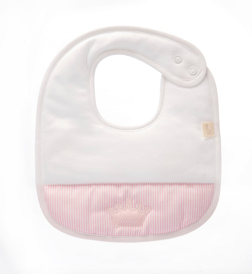 Baby Gi Crown pink and white cotton baby bib with embroidered crown motif and press stud fastening, made in Portugal.