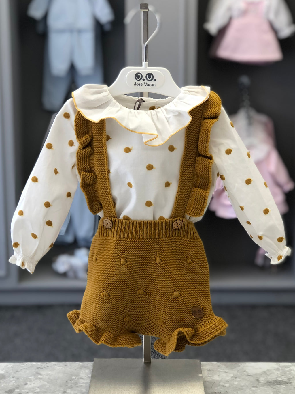 JOSE VARON Baby Girls Mustard Polka Dot Blouse & Romper Set