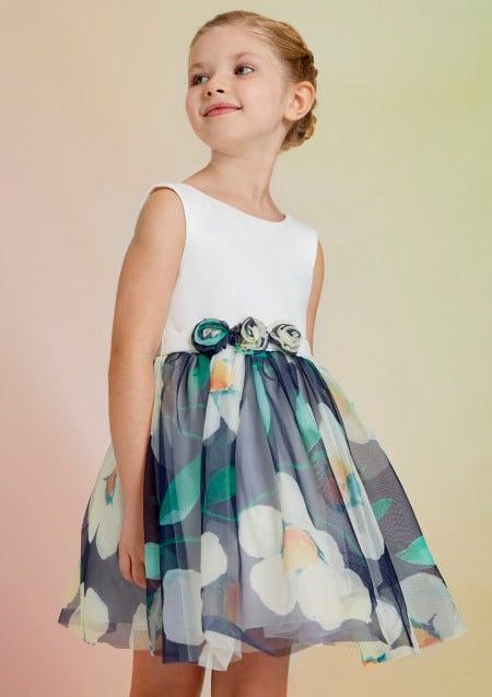 SS23 ABEL & LULA Girls Navy Tulle Printed Dress - 5043