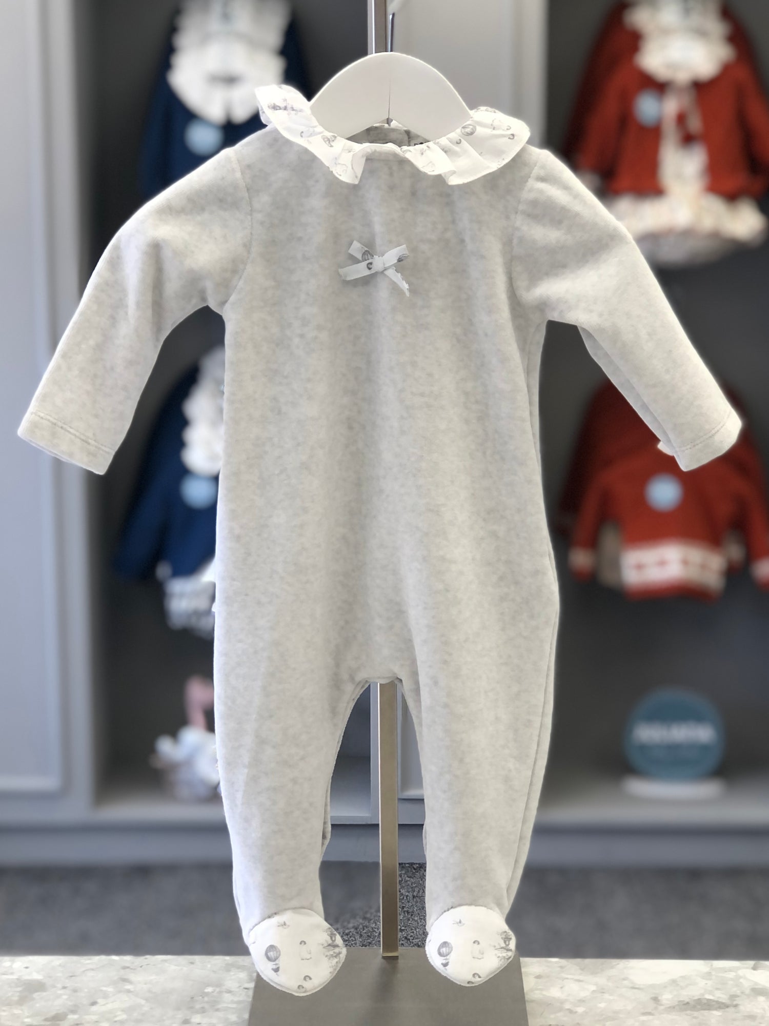 POM PETIT POM Grey Baby Girls Velour Babygrow