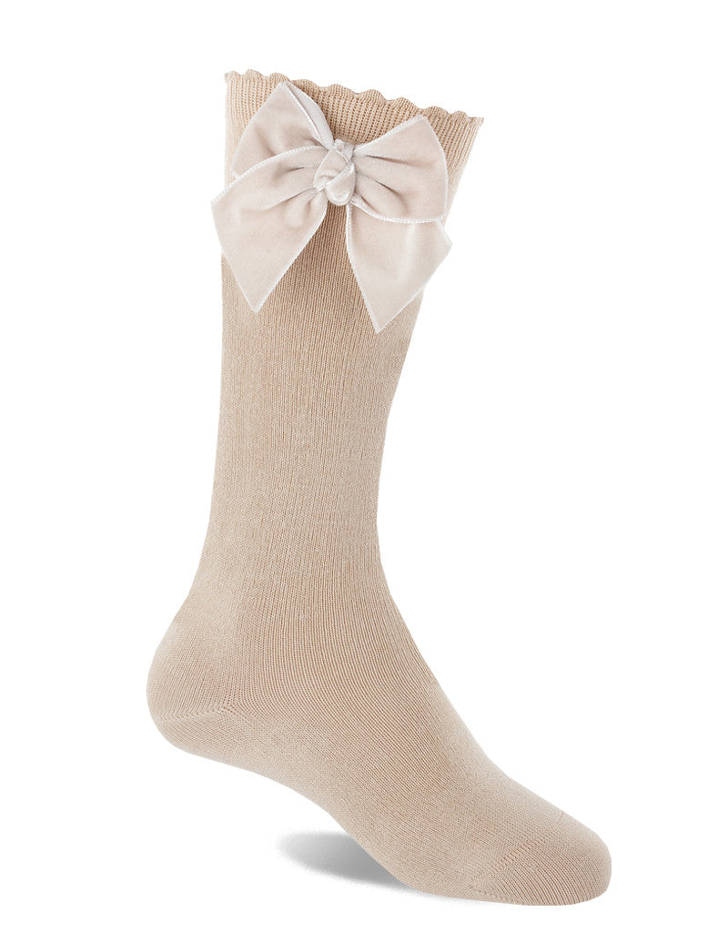 JC CASTELLA Girls Beige Velvet Bow Socks - 57600