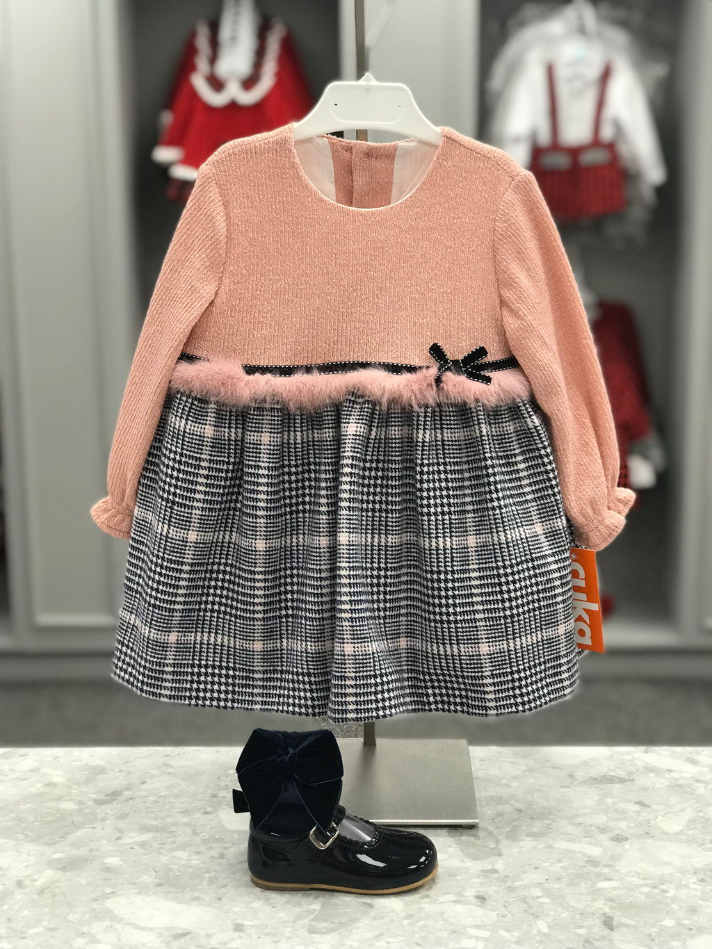 CUKA Rose Pink & Navy Check Baby Girls Dress