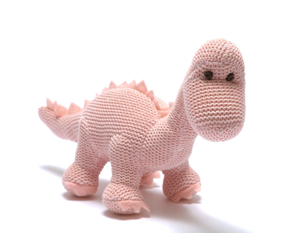 BEST YEARS Knitted Organic Cotton Diplodocus Baby Rattle - Pink