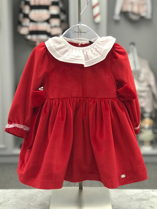 PICCOLA SPERANZA Red Velvet Baby Girls Dress with Frill Collar