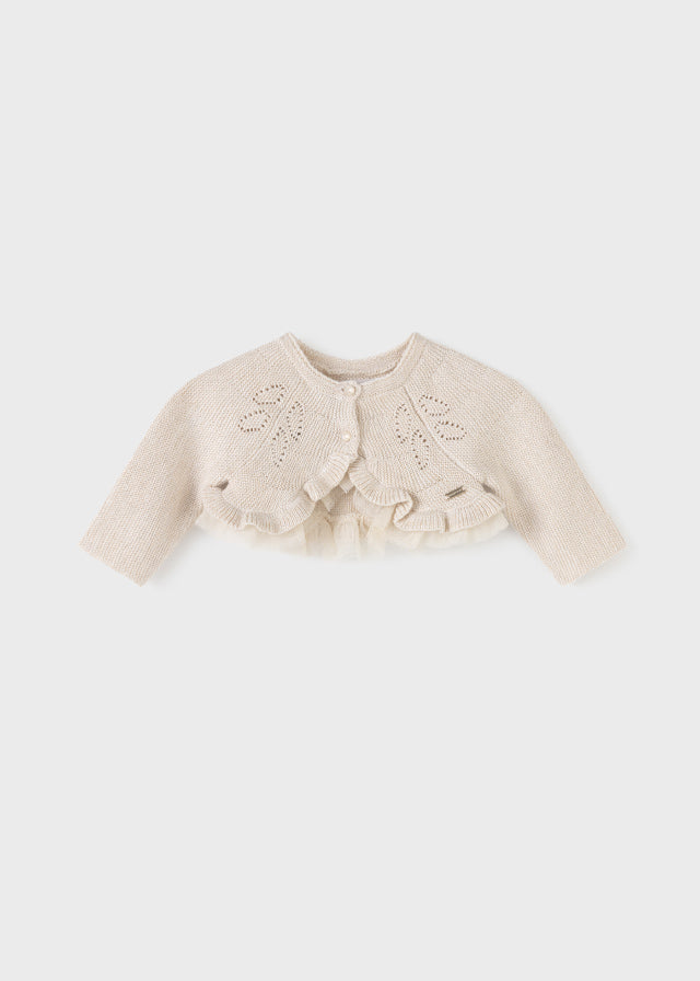 MAYORAL Girls Beige Metallic Bolero Cardigan with Tulle Trim